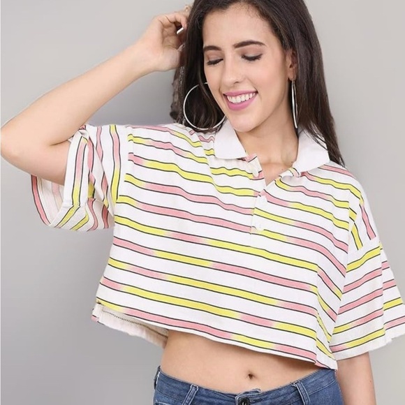 Urban Outfitters Pink and Yellow Striped Crop Top - Picture 1 of 6